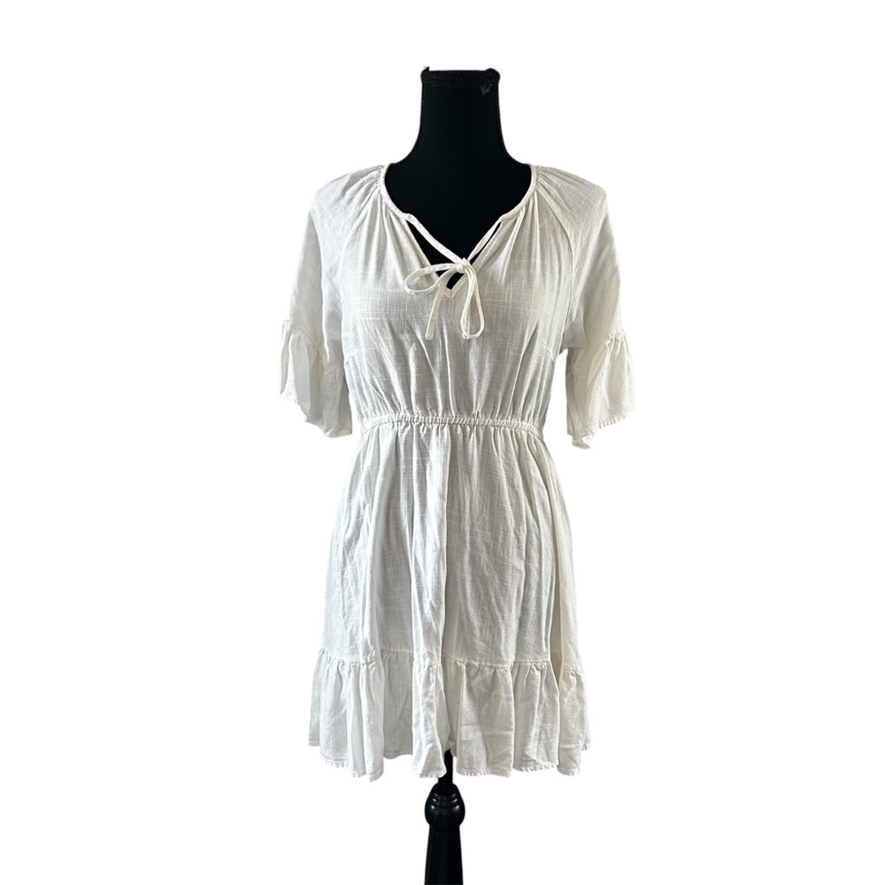 White Linen Flowy Dress Tie Front Tiered Ruffle Hem Umgee USA Small